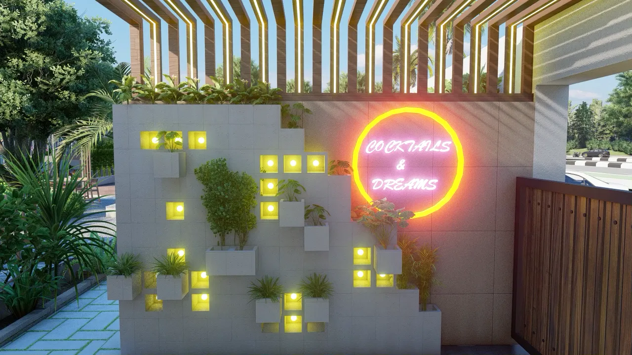 El Dorado Garden Restaurant, Nagpur: photorealistic 3D render of the open-air garden dining area by Ashlar Studio